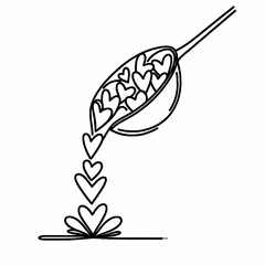 Ladle pouring multiple hearts, black and white line art, minimalistic hand-drawn illustration, love and cooking concept.

