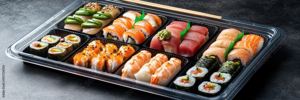 Poster an enticing array of sushi varieties presented on a platter, ideal for catering services at parties 