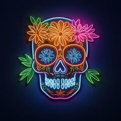 Glowing sugar skull with iridescent floral details, radiant in bold neon hues, sugar skull, vivid floral neon concept