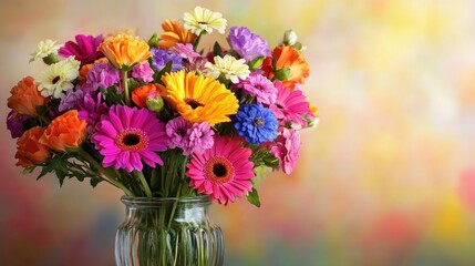 Obraz premium A vibrant bouquet of mixed flowers in full bloom, arranged in a glass vase against a neutral background, symbolizing freshness and beauty