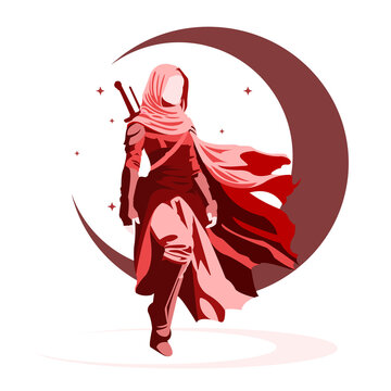 Standing Brave Muslimah Swordwoman Mujahidin Islamic War Vector Flat Design Illustration II