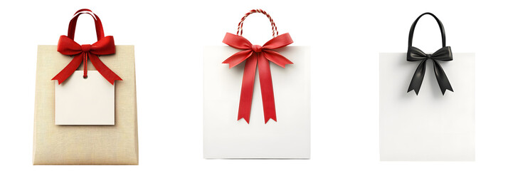 gift bags in varying colors, adorned with vibrant bows, perfect for celebrations and special occasions. clipart, isolated on transparent background.