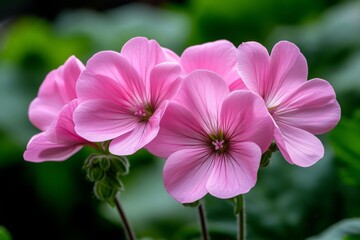 Fototapeta premium A close-up of delicate pink Geranium flowers, with soft petals and fine details, highlighted against a lush green background