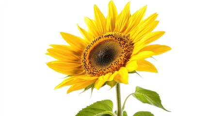 Fototapeta premium A vibrant sunflower with detailed petals and seeds, standing tall against a clean white background, representing positivity and energy.