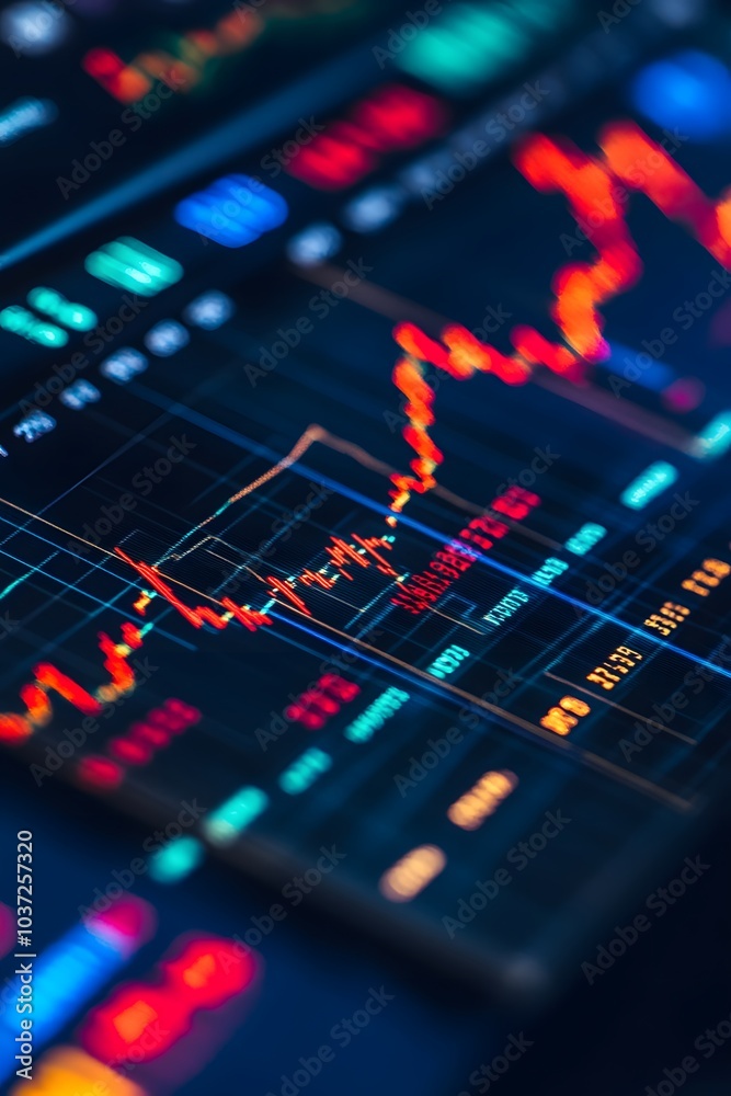 Poster A detailed stock market chart with colorful graphs depicting price fluctuations and trading volume data.