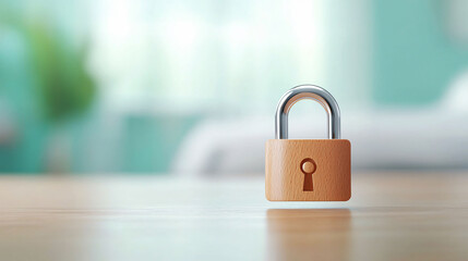wooden padlock symbolizes security and protection in serene environment, reflecting sense of safety and peace. soft background enhances focus on lock, emphasizing its importance
