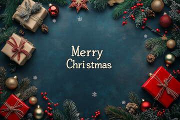 Merry christmas is written on the blue background. There are many gifts and decorations surrounding the words