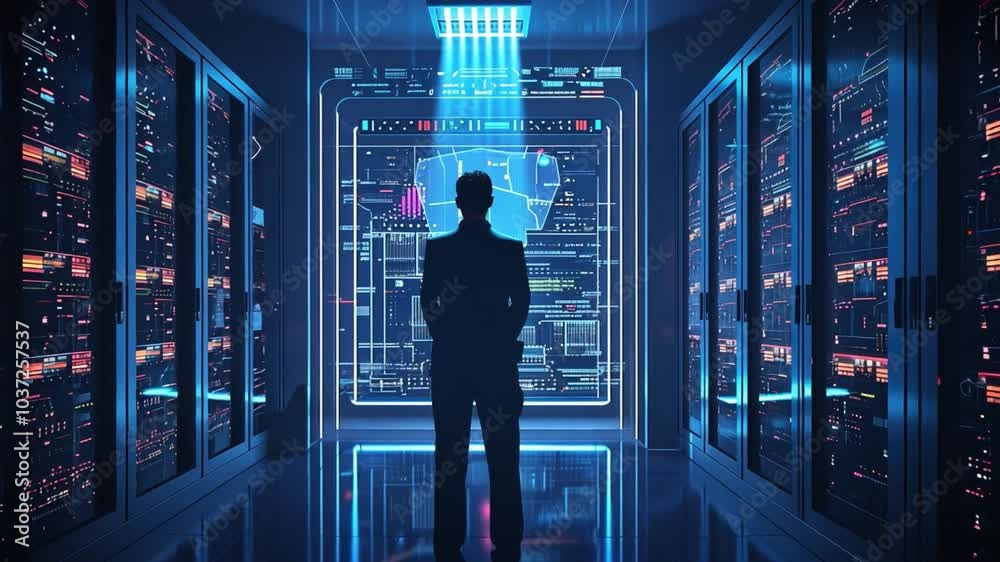 Poster A technician stands in a high-tech server room, analyzing holographic data displays late at night, emphasizing the importance of cybersecurity in data management.