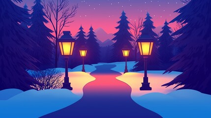 Naklejka premium Forest trail, lanterns glowing, snowy path, flat design illustration