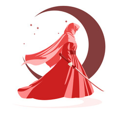Fototapeta premium Standing Brave Muslimah Swordwoman Mujahidin Islamic War Vector Flat Design Illustration III