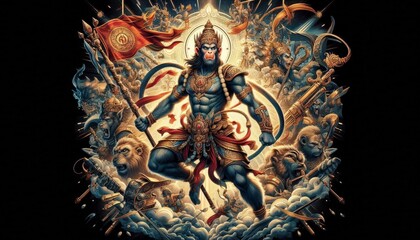 Hanuman The Mighty Warrior Deity Powerful Hindu God Hanuman with Weapon and Crown Illustration