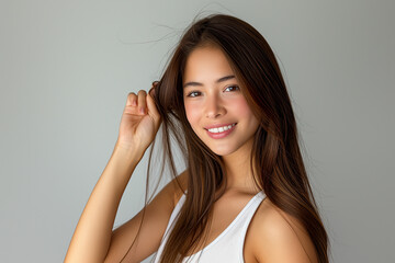 Fototapeta premium A woman with long brown hair is smiling. She is wearing a white tank top. She is holding her hair up