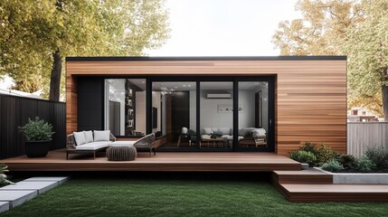 Contemporary ADU with sleek wood exterior, deck with seating, green backyard, minimalist and eco-friendly small home design, urban living solution