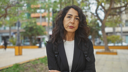 A mature hispanic woman stands contemplatively in a bustling urban park, exuding a calm presence...