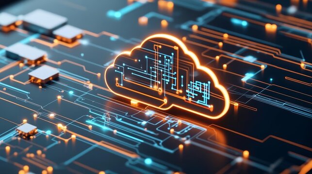 Futuristic hologram of cloud computing, data flow representation, SaaS, and IT infrastructure upgrade, glowing data connections, sleek digital tech