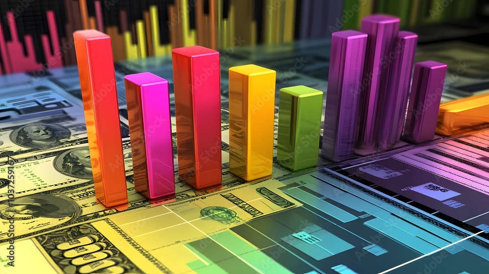 Poster a vibrant bar chart rises against a backdrop of banknotes, illustrating financial data and market tr
