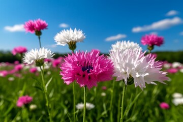 Obraz premium A field of Centaurea Dealbata (Whitewash Cornflower) under a bright blue sky, with soft pink and white flowers standing tall