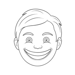 Smiling cartoon boy face line drawing on white background