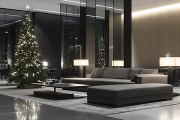 Elegant modern living area adorned with a beautifully lit Christmas tree in a luxurious hotel lounge at night