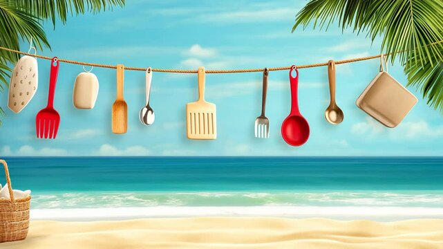 Kitchen utensils hang on a clothesline above a sandy beach