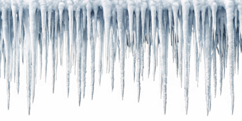 white hanging icicles frame border isolated on white background as transparent. PNG. AI GENERATED.