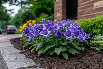 A garden bed filled with Campanula (Bellflowers), their soft lavender and blue flowers creating a delicate, airy feel