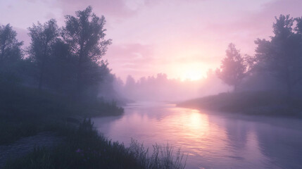 A quiet river at dawn, surrounded by mist and the sounds of nature waking up.