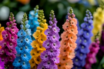 A garden filled with Delphiniums and Snapdragons, their tall, colorful flower spikes creating a vibrant vertical display