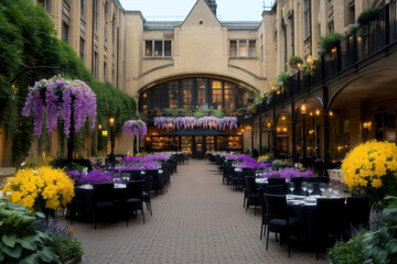 Obraz premium Elegant courtyard restaurant adorned with vibrant flowers in the late afternoon sun