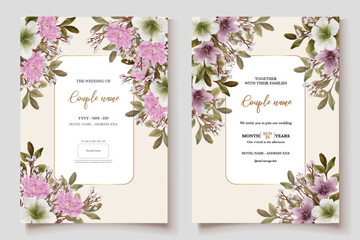 WEDDING INVITATION FRAME WITH FLOWER DECORATIONS AND FRESH LEAVES 