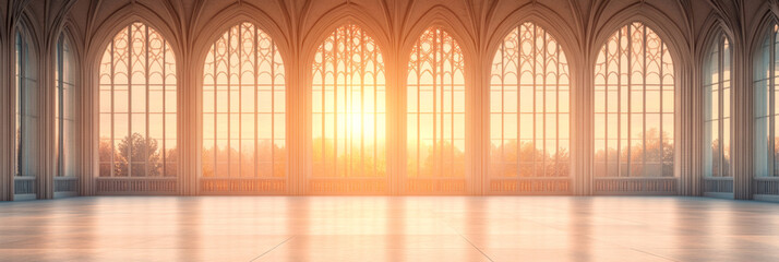 Sunlight streams through arched windows in a grand hall.