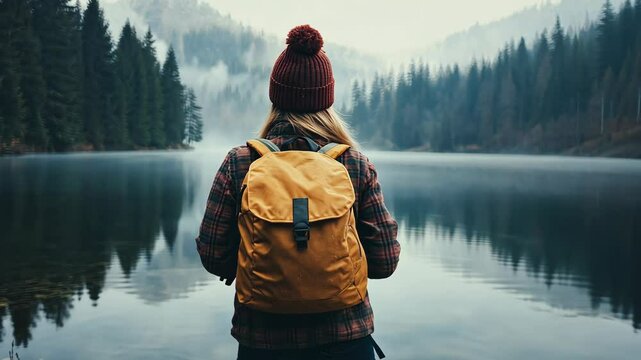 A lone hiker pauses by a misty lake, surrounded by tall trees on a cold winter morning