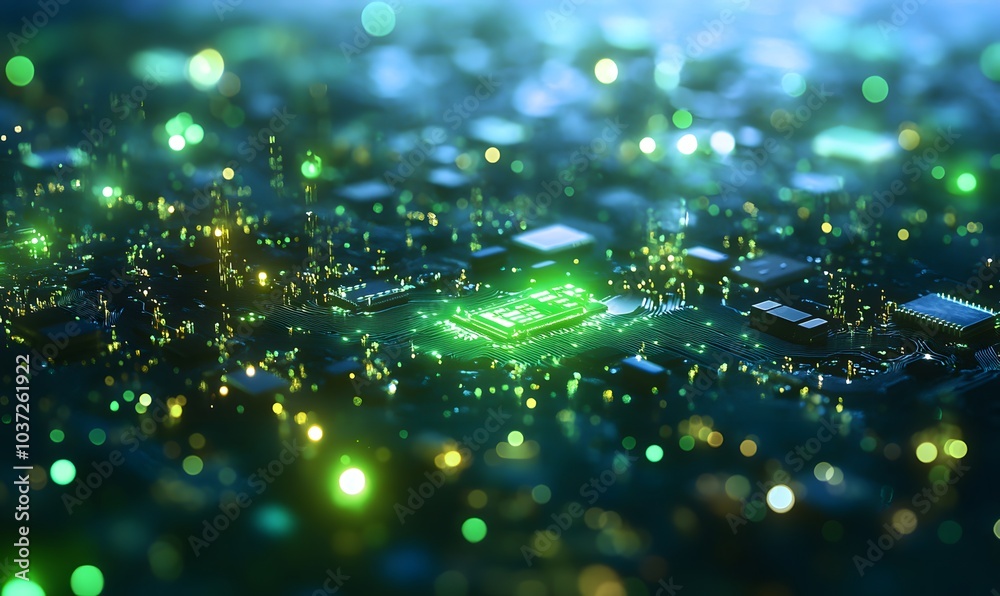 Poster a vibrant, abstract depiction of a digital landscape, showcasing glowing circuits and microchips int