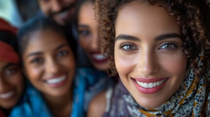 A smiling woman stands before a diverse group, highlighting unity and happiness among various ages and ethnicities.
