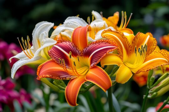 A mass of Daylilies in full bloom, their bright orange and yellow flowers creating a colorful summer scene