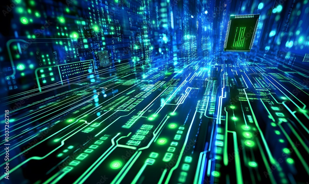 Poster A futuristic abstract representation of digital circuitry with vibrant green and blue neon colors conveying technology and data movement.