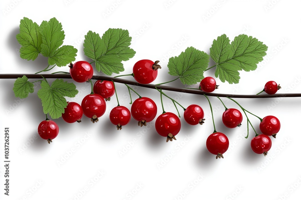 Poster a minimalist design of a redcurrant branch, with clean, simple lines highlighting the bright red ber