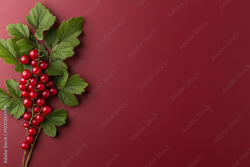 Poster a minimalist design of a redcurrant branch, with clean, simple lines highlighting the bright red ber