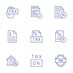 Tax icons set. Thin Line style, editable stroke. vat, taxes, tax free, tax, property, financial