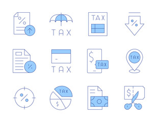 Tax icons. Line Duotone style, editable stroke. pie chart, insurance, credit card, tax, smartphone, payment, placeholder, taxes, focus