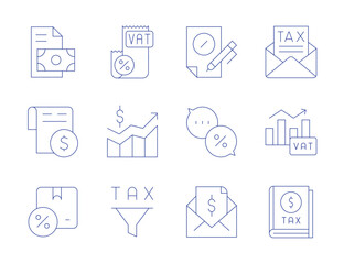 Tax icons. Thin Line style, editable stroke. payment, tax, loan, customs, money, value, taxes, chat, bar chart