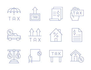 Tax icons. Thin Line style, editable stroke. tax, property, financial, taxes, house, insurance, car, balance