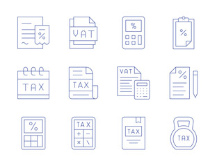 Tax icons. Thin Line style, editable stroke. vat, taxes, tax calculate, taxation, tax, inheritance, calendar, calculator, calculation, book