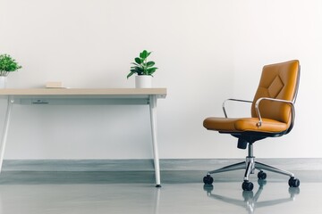 A minimalist workspace with a simple desk, chair, and a single houseplant, creating a distraction-free environment