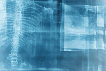 Naklejka premium Blue-tinted X-ray photograph of paper, with visible text in the top-left corner that says