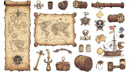 Naklejka premium old pirate map kit on white background