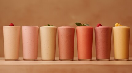 Vibrant array of smoothies in assorted flavors and colors on wooden surface AI generated