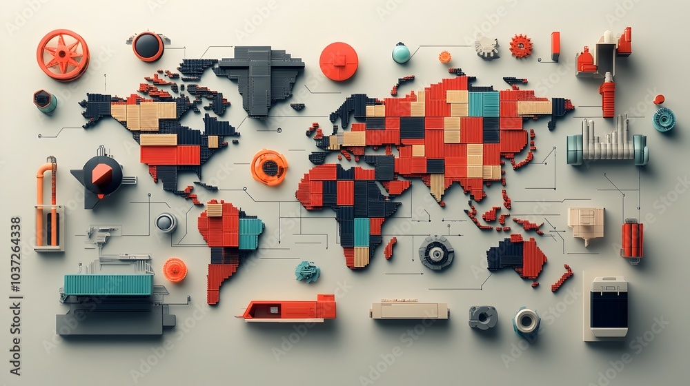 Poster detailed digital showcasing the global logistics optimization system with a world map displaying int