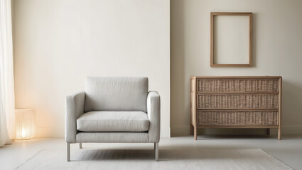 Fototapeta premium Minimalist room with white armchair and wooden dresser in a soft-lit interior