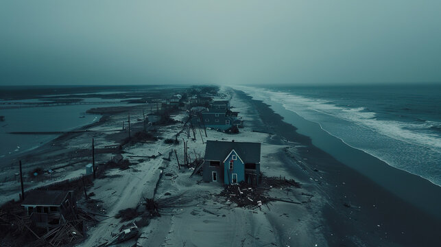 Aerial view of a coastal town devastated by a hurricane, showing uprooted trees, destroyed homes, and debris scattered across the beach. The overcast sky emphasizes the somber aftermath of the powerfu